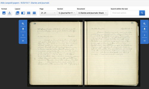 A screenshot of the UW Digital Collections showing what it looks like for a user to access the digitized handwritten journals. Buttons along the top of the webpage indicate ways to toggle between the photos of the journal pages and the transcribed text view of each page. Other buttons along the top help users navigate through each journal and the rest of the archived Leopold Collection. There is also a search box that allows users to type in a word or phrase and find it throughout the transcribed journals.